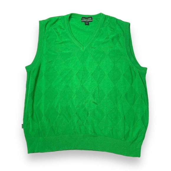 Vintage Koman Jeans Green Argyle V-Neck Sleeveless Sweater XL - Picture 1 of 5